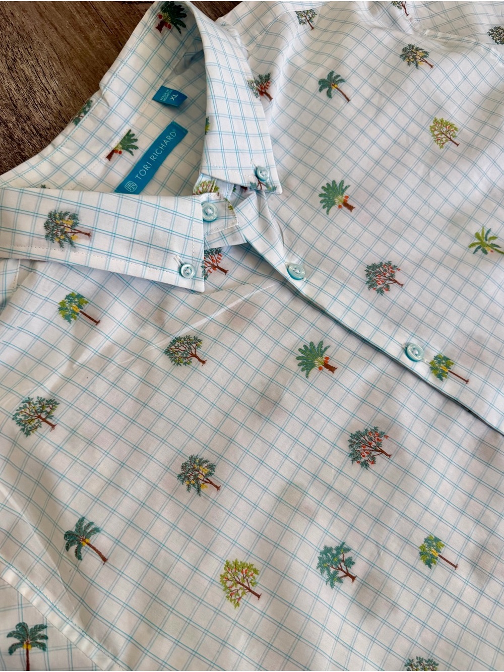 Tori Richard Men's White Grid Cotton Button-Up Shirt Hawaiian Palm Tress XL
